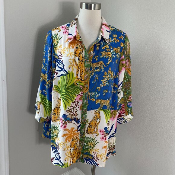 Rose + Olive Womens Plus 1X Tropical Leopard Animal Print Button Up Shirt Blouse - Picture 1 of 12